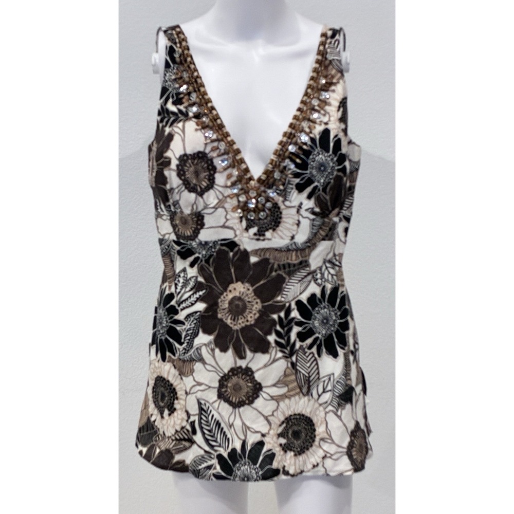 Cache Double Plunging V Neck Linen Brown Floral Beaded‎ Top Sz 12 Lined Y2K NWT